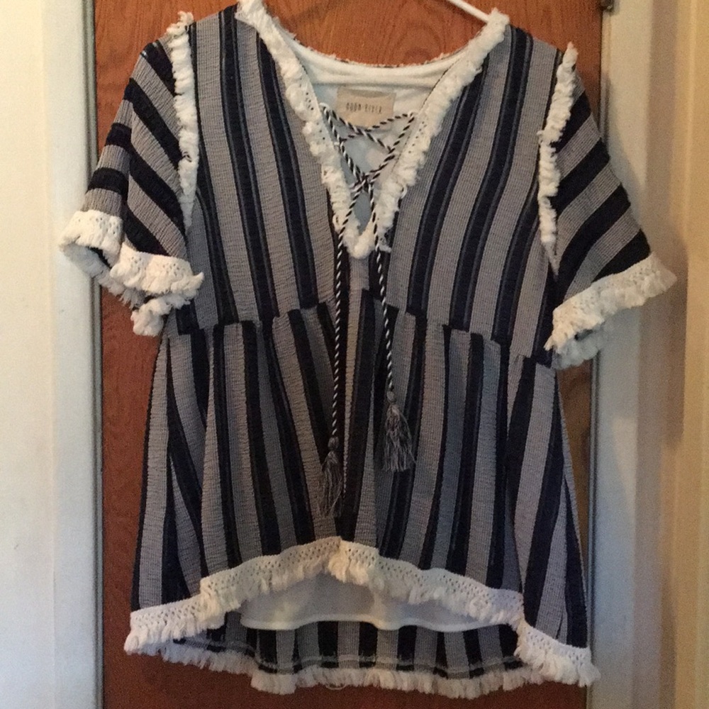Moon River- Navy blue and white striped top.